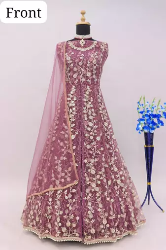 Pink embroidered butterfly net anarkali suit