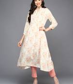 Women off white cotton blend floral printed a-line kurta