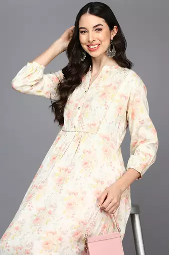 Women off white cotton blend floral printed a-line kurta