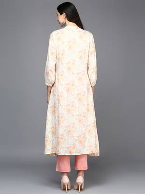 Women off white cotton blend floral printed a-line kurta 4