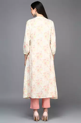 Women off white cotton blend floral printed a-line kurta