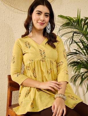 Women yellow cotton blend floral printed regular top 1