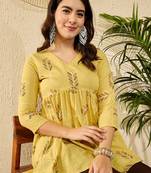 Women yellow cotton blend floral printed regular top