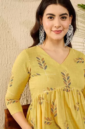 Women yellow cotton blend floral printed regular top