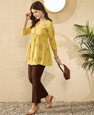 Women yellow cotton blend floral printed regular top 3