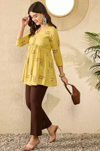 Women yellow cotton blend floral printed regular top