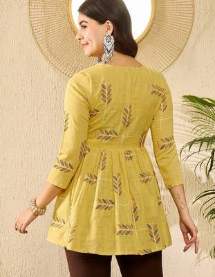 Women yellow cotton blend floral printed regular top 4