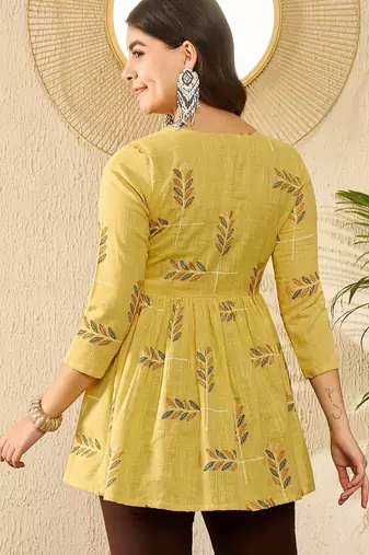 Women yellow cotton blend floral printed regular top