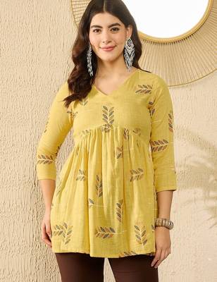 Women yellow cotton blend floral printed regular top 5