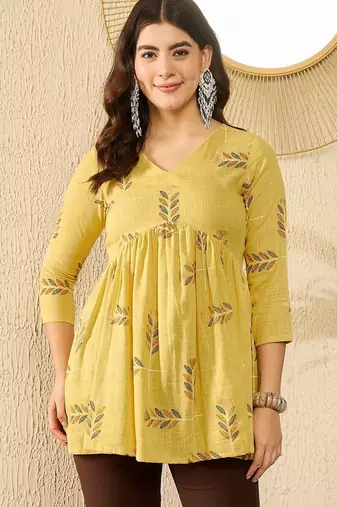Women yellow cotton blend floral printed regular top