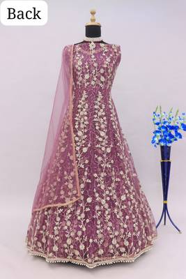 Pink embroidered butterfly net semi stitched anarkali suit 5