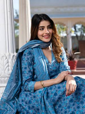 women blue and grey floral print anarkali kurta bottom dupatta set 2