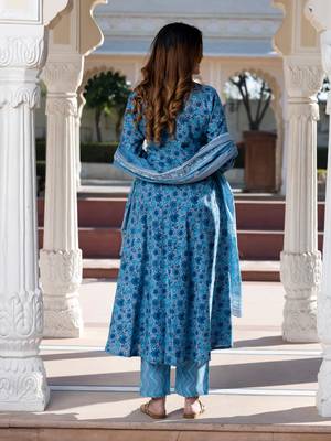 women blue and grey floral print anarkali kurta bottom dupatta set 3