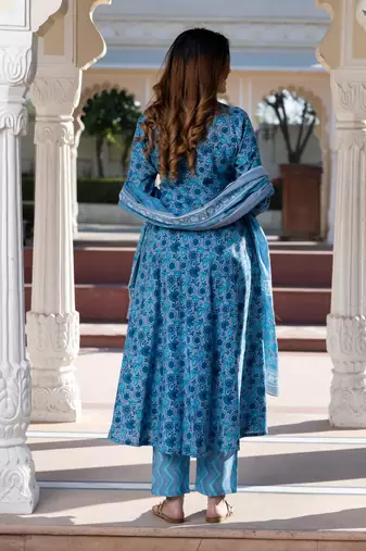 women blue and grey floral print anarkali kurta bottom dupatta set