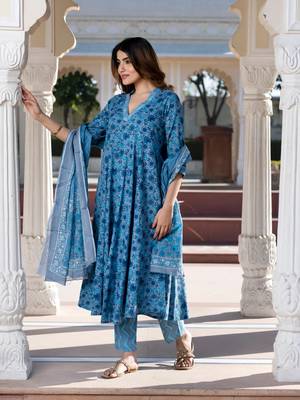 women blue and grey floral print anarkali kurta bottom dupatta set 1