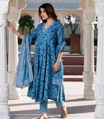 women blue and grey floral print anarkali kurta bottom dupatta set