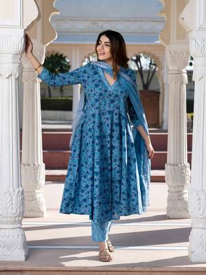 women blue and grey floral print anarkali kurta bottom dupatta set 4