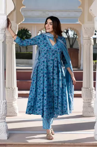 women blue and grey floral print anarkali kurta bottom dupatta set