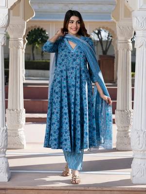 women blue and grey floral print anarkali kurta bottom dupatta set 5