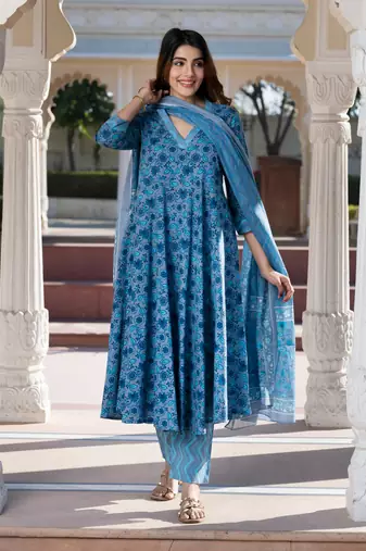 women blue and grey floral print anarkali kurta bottom dupatta set