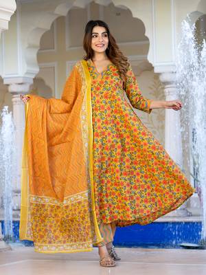 women yellow & off-red floral print anarkali kurta set with dupatta 1