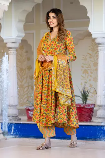 women yellow & off-red floral print anarkali kurta set with dupatta