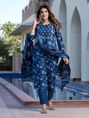 women blue floral print straight kurta set with dupatta 1