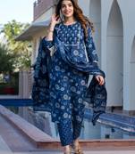 women blue floral print straight kurta set with dupatta