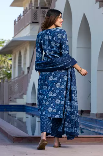 women blue floral print straight kurta set with dupatta