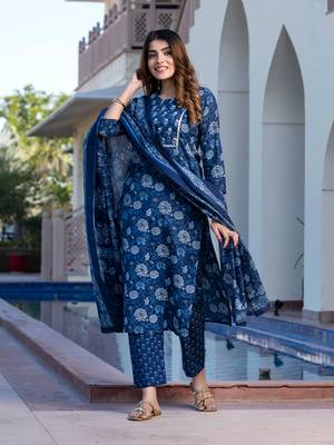 women blue floral print straight kurta set with dupatta 5