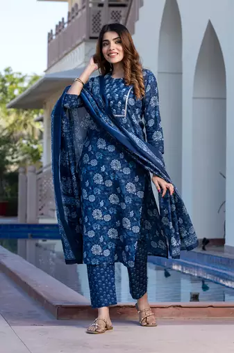 women blue floral print straight kurta set with dupatta