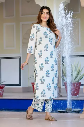 women off white and sky blue kurta bottom dupatta set
