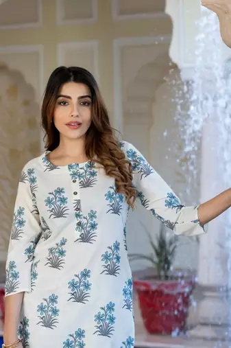 women off white and sky blue kurta bottom dupatta set