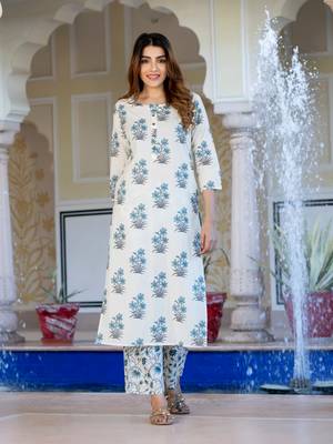 women off white and sky blue kurta bottom dupatta set 5
