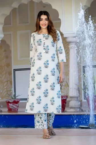 women off white and sky blue kurta bottom dupatta set