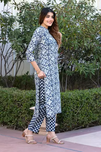 women blue and grey kurta bottom dupatta set