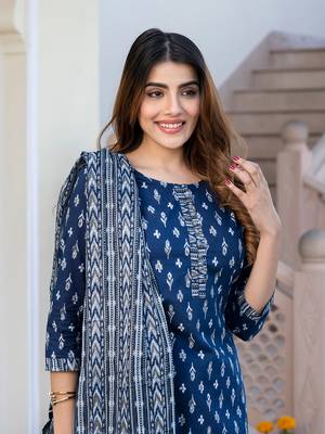 women navy blue floral print straight kurta set with dupatta 1