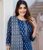 women navy blue floral print straight kurta set with dupatta