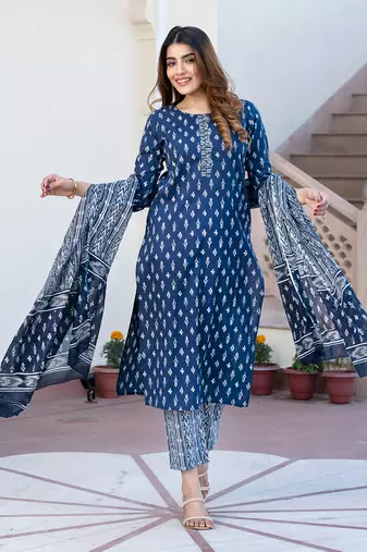 women navy blue floral print straight kurta set with dupatta