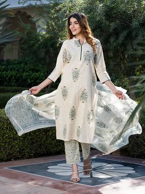 women off-white floral print straight kurta set with dupatta 1