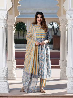 women blue ethnic motifs anarkali kurta set with dupatta 1