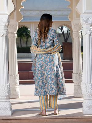 women blue ethnic motifs anarkali kurta set with dupatta 2