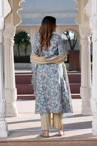 women blue ethnic motifs anarkali kurta set with dupatta