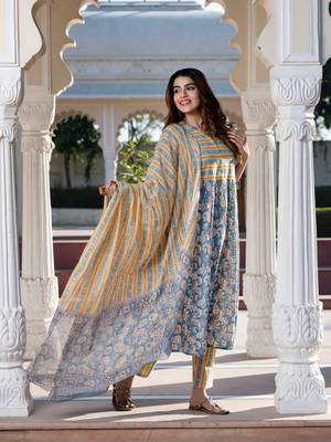 women blue ethnic motifs anarkali kurta set with dupatta 3