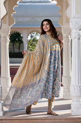 women blue ethnic motifs anarkali kurta set with dupatta