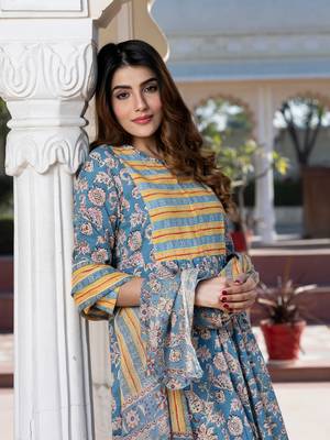 women blue ethnic motifs anarkali kurta set with dupatta 4