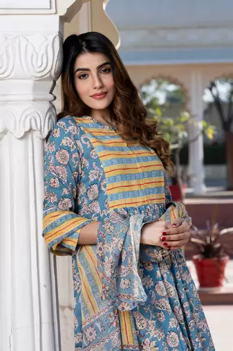 women blue ethnic motifs anarkali kurta set with dupatta