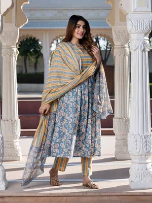 women blue ethnic motifs anarkali kurta set with dupatta 5