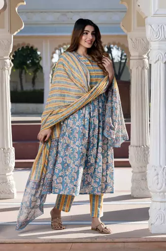women blue ethnic motifs anarkali kurta set with dupatta