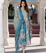 women cream floral print anarkali kurta set with dupatta